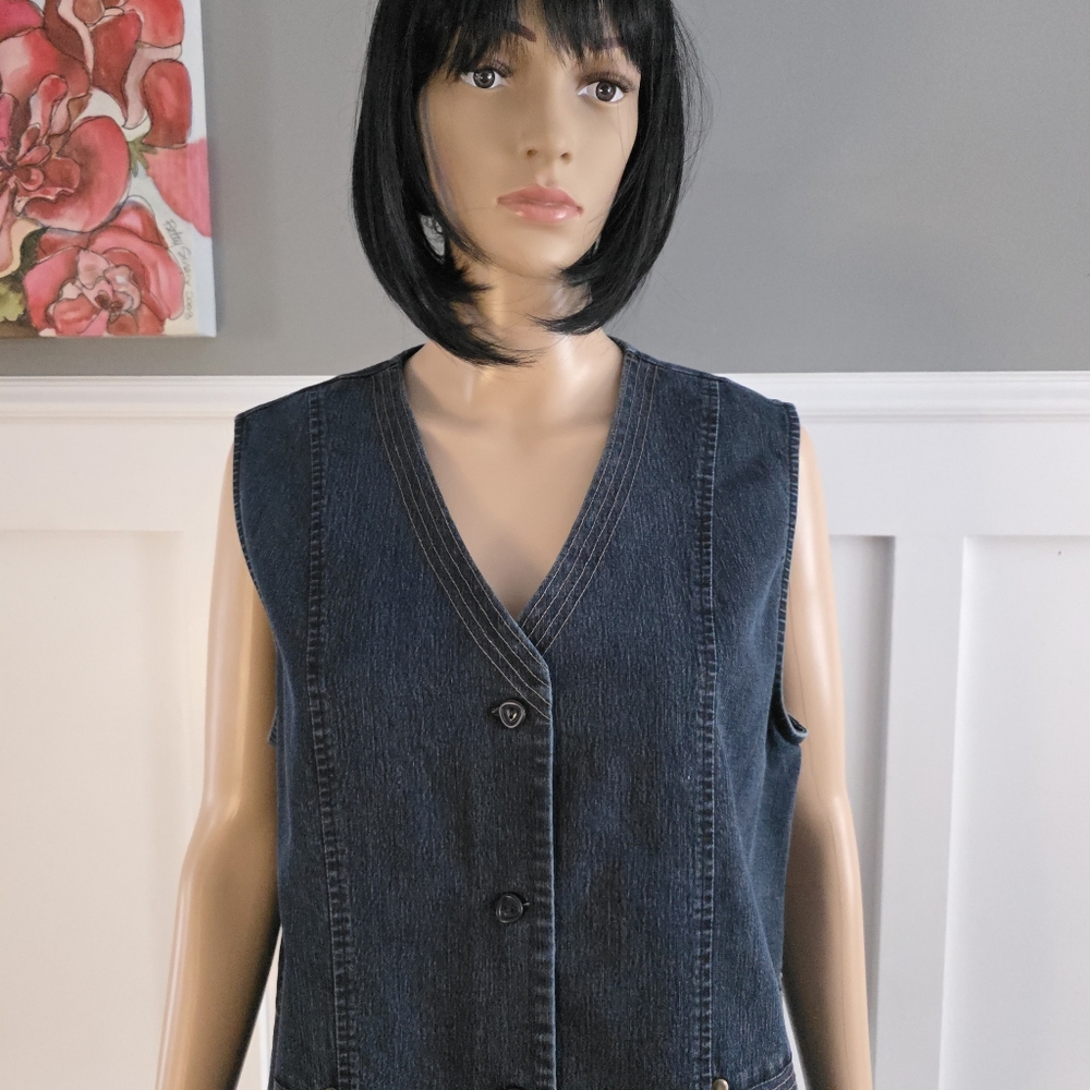 Tellement Vous Dark Wash Denim Vest – Chic Vintage Aesthetic,size L - Picture 4 of 16